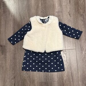 Bout'chou White Soft Vest with Navy Polkadot Collared Dress